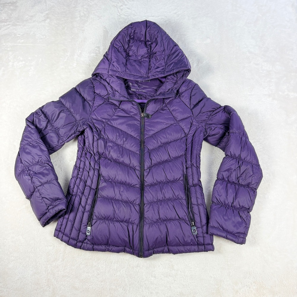 Michael Kors Packable Down Puffer Jacket Womens M Purple Hooded Chevron Quilted